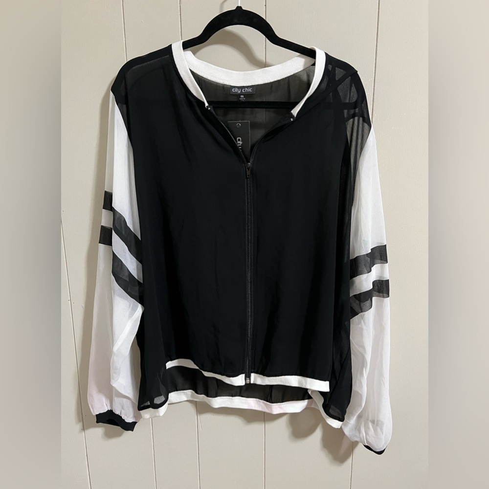 City chic plus size xxl 22/24 sheer chiffon black white stripe jacket NWT